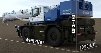 Tadano electric evolt crane in stowed position with dimensions illustration