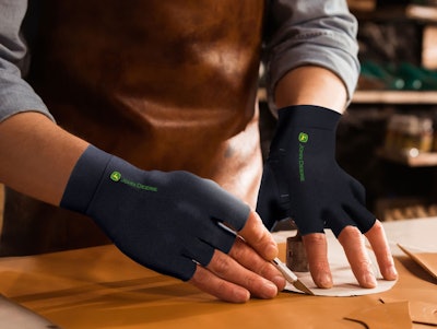 John Deere branded Copper compression gloves on leather crafter