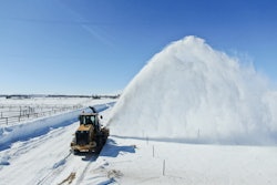 hitchdoc hds9200 snowblower on cat wheel loader blowing snow