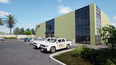 jcb trucks in front of a storefront