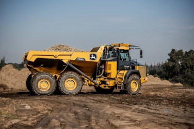 side view dirt-filled Deere 460E-II autonomous articulated dump truck