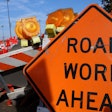 a road work ahead sign on a jobsite