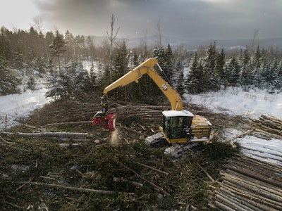 Cat FM528 GF/LL Forestry Excavator with grapple attachment moving logs