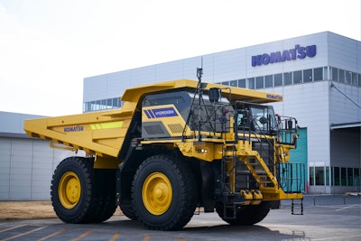 side view of Komatsu concept HD785 rigid-frame truck with hydrogen combustion engine