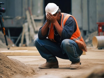worker in hard hat orange vest bent down with head in hands