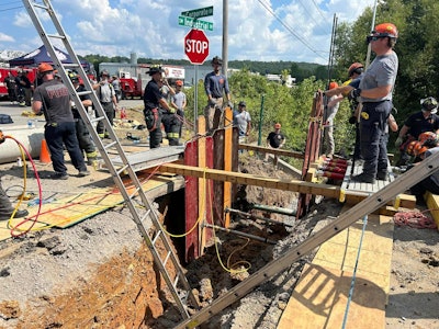 Emergency workers respond to a fatal trench collapse August 22 in Cleveland, Tennessee.