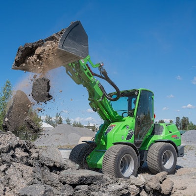 Avant Tecno's 855i, with a dump height of 11 feet 5.8 inches and a lift capacity of 4,190 pounds, is among the new small articulated loaders entering the U.S. market.