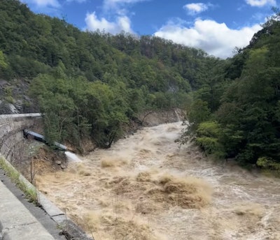 A screenshot from an NCDOT video showing the I-40 washout near the Tennessee state line.