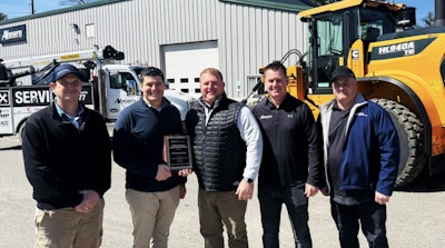 Pictured (l to r) are Brad Wilkins, branch manager, Ahearn Equipment; Josh Ahearn, CEO, Ahearn Equipment; Brian Slavinski, Northeast district manager, HD Hyundai CE NA; Justin Adams, director of sales, Ahearn Equipment, and Jonathan Wise, district service manager, HD Hyundai CE NA.