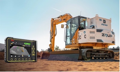 ZQuip converted this Cat 308 compact excavator from diesel to battery power with its modular system, while Leica Geosystems integrated its 3D machine control.