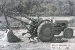 The book “Wain-Roy and the Invention of the Backhoe” says the first hydraulic backhoe was sold in 1948 by the Wain-Roy Corporation of Massachusetts. It consisted of a hydraulic swing-frame digger mounted to a Ford Model 8N tractor. It was sold to the Connecticut Light and Power Company for $705.