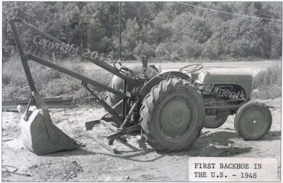 The book “Wain-Roy and the Invention of the Backhoe” says the first hydraulic backhoe was sold in 1948 by the Wain-Roy Corporation of Massachusetts. It consisted of a hydraulic swing-frame digger mounted to a Ford Model 8N tractor. It was sold to the Connecticut Light and Power Company for $705.
