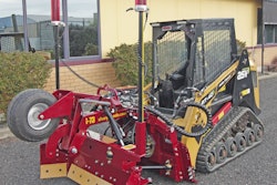 SharpGrade's new G73 Grader Blade for compact track loaders and small articulated loaders has a retractable wheel to let down the blade, which has a width of 45.5 inches with hydraulic side wings closed and 73 inches with wings open.