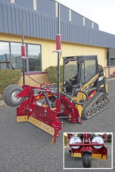 SharpGrade's new G73 Grader Blade for compact track loaders and small articulated loaders has a retractable wheel to let down the blade, which has a width of 45.5 inches with hydraulic side wings closed and 73 inches with wings open.