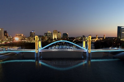 Architect TYLin won the bridge’s design competition with its “Spring” concept: an 860-foot-long, 100-foot-wide span with a 300-foot-long basket-handle network tied-arch lifting span.