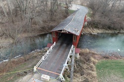 The Red Covered Bridge seen shut down after a vehicle strike.