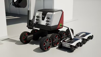 Self-propelled charging unit, right, plugs into autonomous excavator