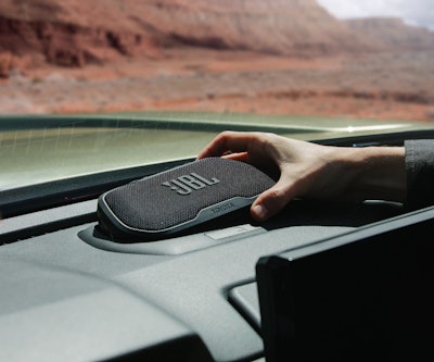 The JBL Flex portable Bluetooth speaker charges on the dash and can be used wirelessly for up to six hours.