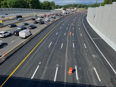 Lanes on the outer portion of the Beltway for northbound I-495 traffic approaching Live Oak Drive, May 2025.