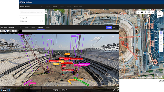 The new EarthCam and DroneDeploy platform combines live feeds and aerial imagery and is being used for the construction of the Tennessee Titans&rsquo; stadium.
