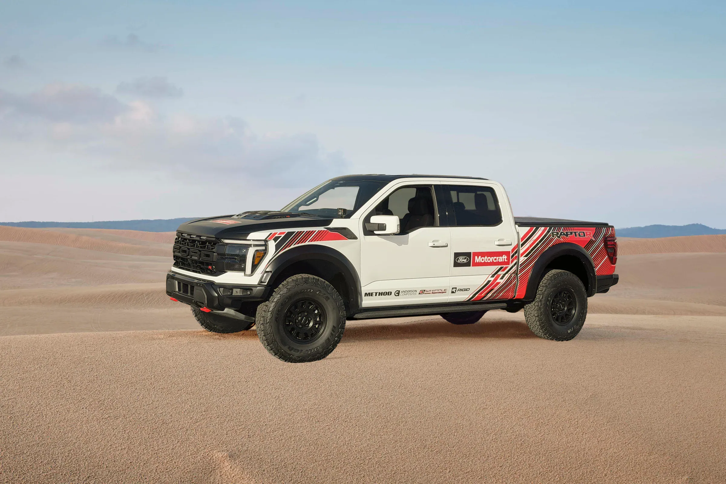The upfit for the Ford F-150 Raptor R, unveiled at SEMA Fest 2025, will be available through Ford dealers or ASE-certified technicians.