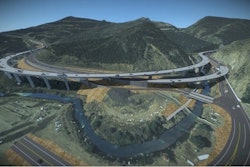 Rendering of the completed I-70 Floyd Hill Project I-70 alignment looking south, with westbound I-70 braiding over eastbound I-70 at the bottom of Floyd Hill.