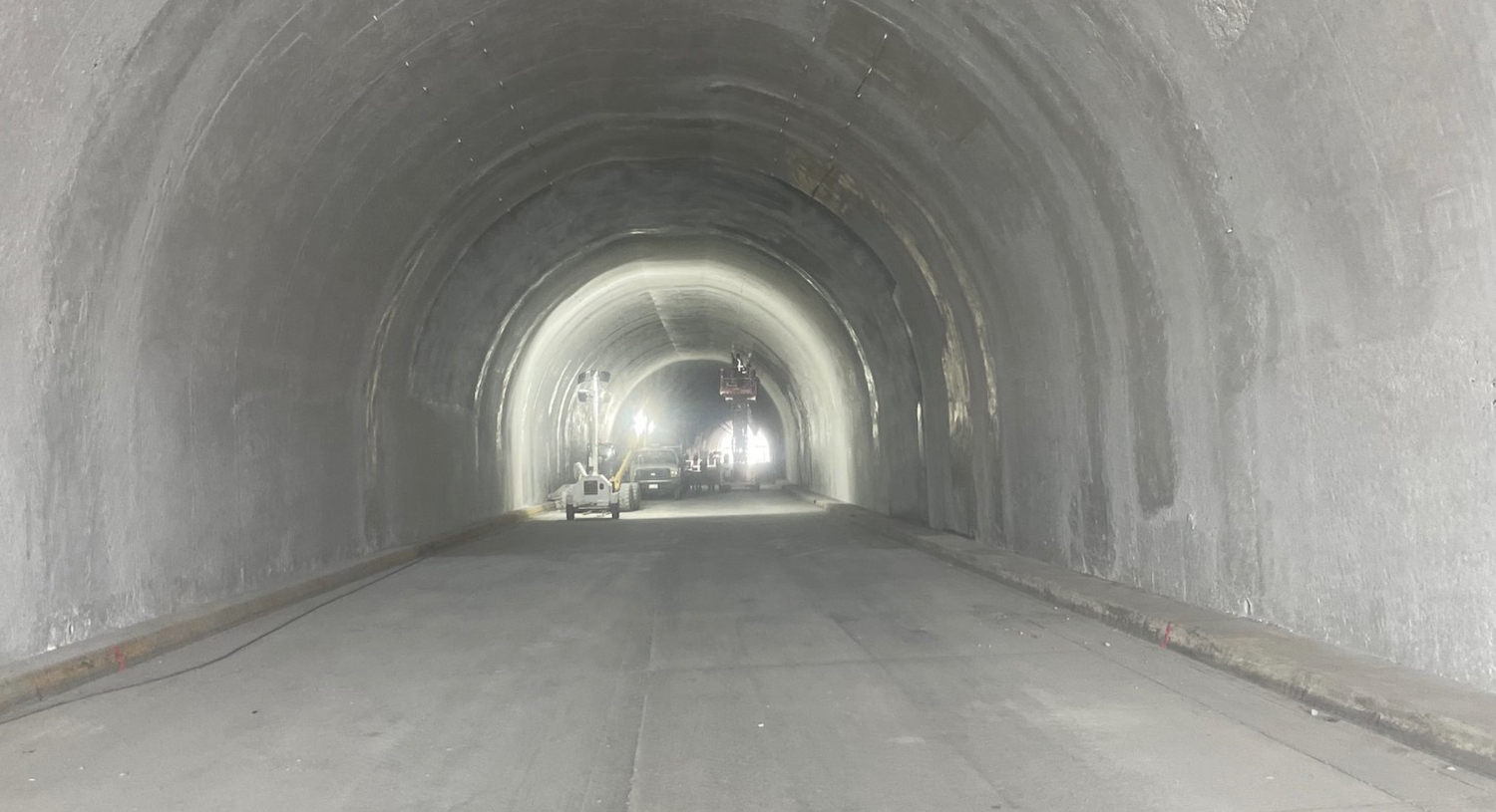 A view inside the repaired westbound Green River Tunnel, which was burnt black in February from a deadly fire.