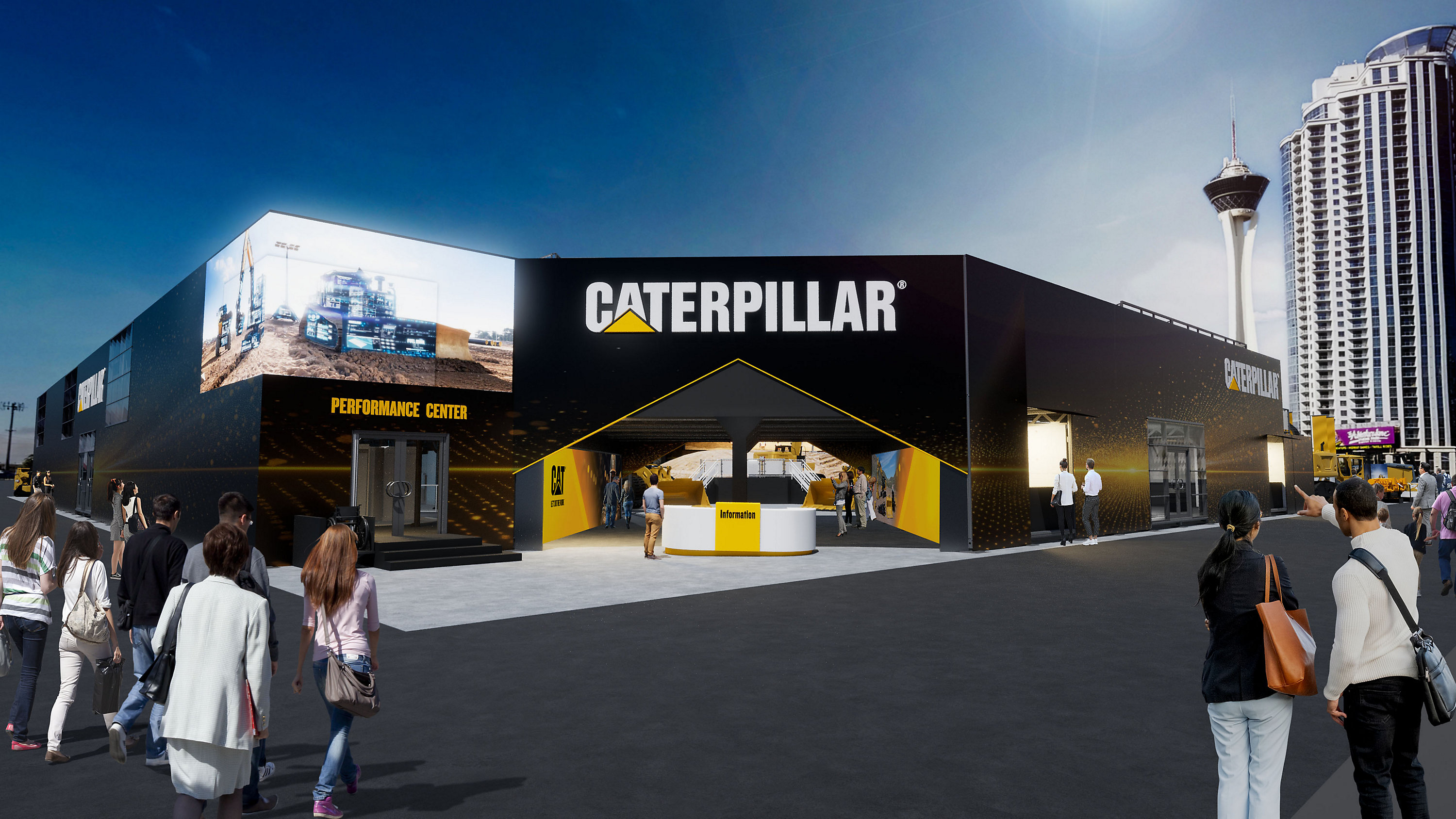 Rendering of the entrance of Caterpillar's 2026 ConExpo-Con/Agg exhibit, located in the Festival Grounds.
