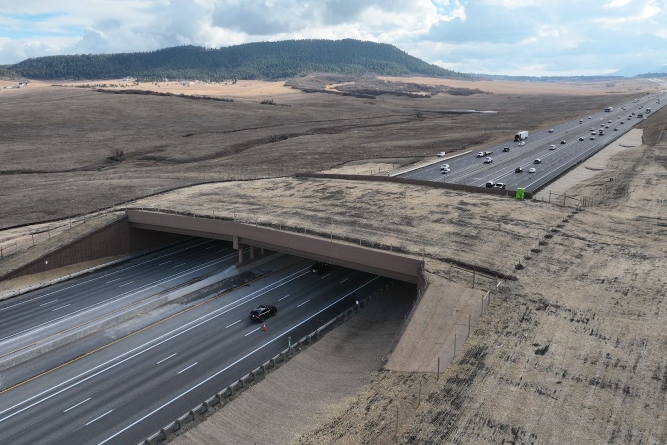 The I-25 Greenland wildlife overpass covers almost one acre and connects 39,000 acres of habitat.
