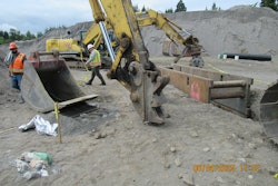 This excavator bucket came unlatched from the excavator's quick coupler June 3 in Washington due to a missing safety latch, according to L&I.