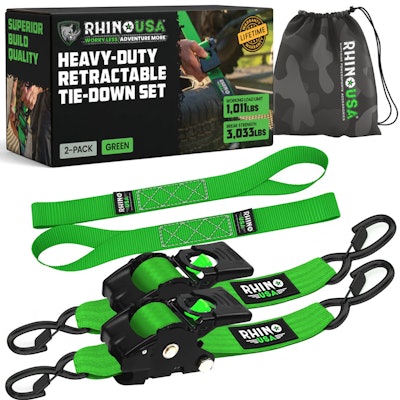 The green, 2-inch variant of the Rhino USA retractable ratchet straps.