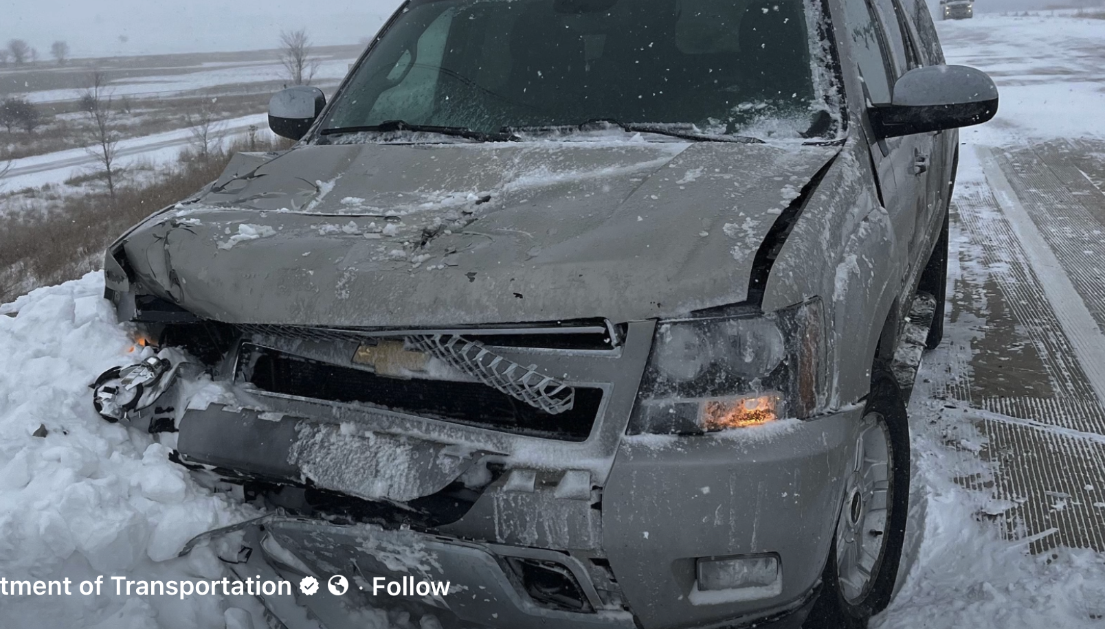 This SUV was damaged after crashing into a snowplow in Iowa, where the DOT has reported eight crashes with its plow trucks during recent winter weather. Ohio and New York DOTs have also released videos of snowplow crashes due to reckless drivers.
