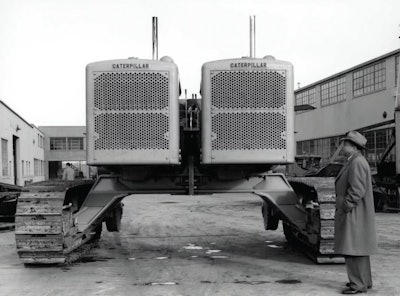 Howard Peterson, founder of Peterson Tractor & Equipment Co., with the King Ranch Hi-Clearance Twin, which was delivered in 1951 to the Texas ranch for land clearing.