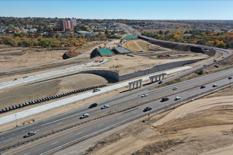 Aerial photo from west of the I-25/US 50B Interchange construction site in Pueblo.