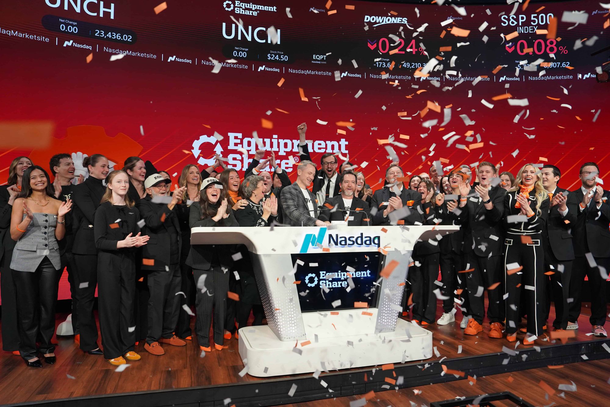 EquipmentShare co-founders and brothers Jabbok and Willy Schlacks ring the NASDAQ stock exchange's opening bell January 23.