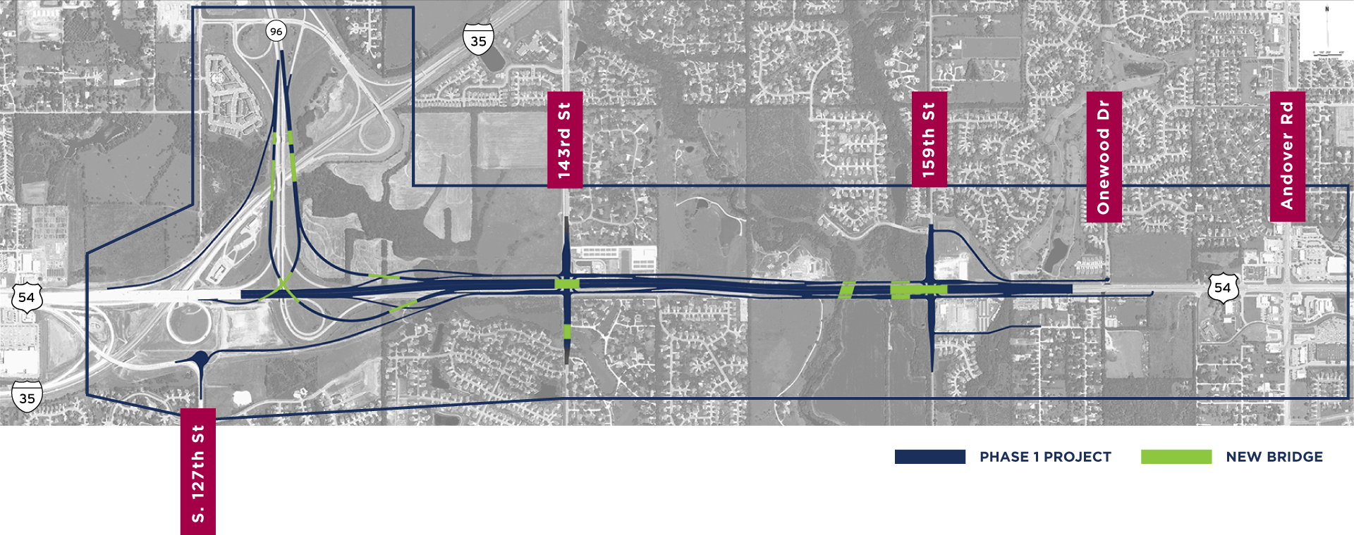 A map showing where the first phase of the project will begin and locations for new bridges.
