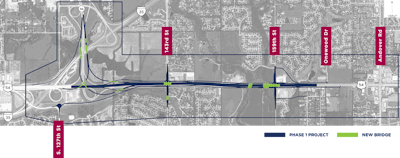 A map showing where the first phase of the project will begin and locations for new bridges.