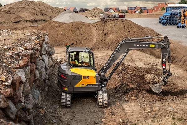 Volvo's new 9-metric-ton ECR90 mini excavator shows off its short tail swing.