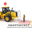 John Deere wheel loader with SmartDetect Assist safety feature showing progressive alerts and automatic slow-stop detection near worker