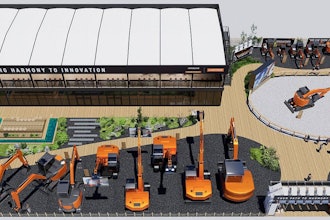A rendering of Hitachi Construction Machinery's 30,000-square-foot ConExpo booth (#F19012) in the Festival Grounds at the Las Vegas Convention Center.