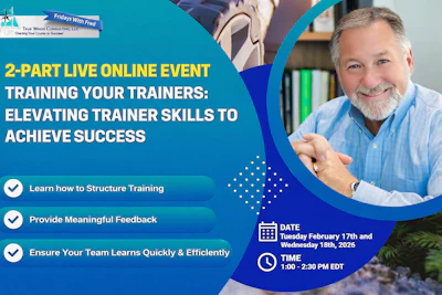 2-part online training event for elevating trainer skills, featuring smiling professional
