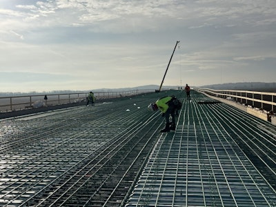Workers tie rebar while working on Section Three of the I-69 bridge project in January 2026.