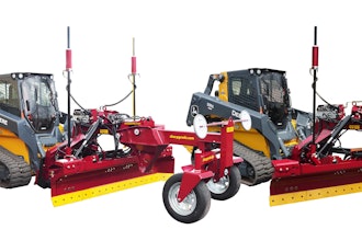 With its front wheel assembly (left) the SharpGrade GS130 can be used like a motor grader. For bulk earthmoving, the wheels can be removed for using the six-way blade alone.