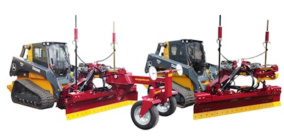 With its front wheel assembly (left) the SharpGrade GS130 can be used like a motor grader. For bulk earthmoving, the wheels can be removed for using the six-way blade alone.