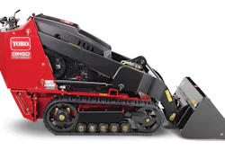 Toro Dingo TX 850 compact track loader with red chassis and black hopper bucket attachment