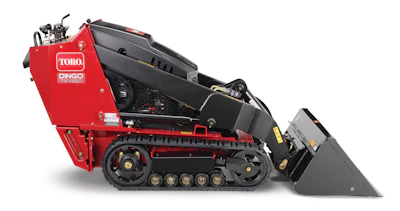 Toro Dingo TX 850 compact track loader with red chassis and black hopper bucket attachment
