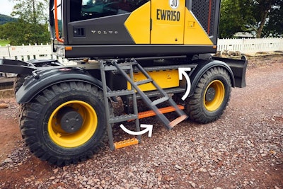 A new ladder swings down and folds up to give the operator safer entry and exit from the cab. When the ladder is down, the excavator won't move, Volvo says.