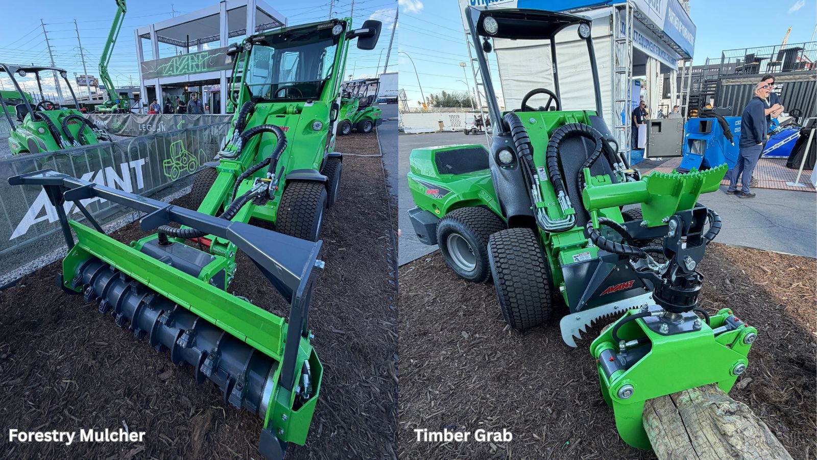 Green forestry equipment display featuring a mulcher and timber grab attachment at outdoor trade show