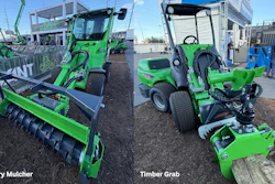 Green forestry equipment display featuring a mulcher and timber grab attachment at outdoor trade show