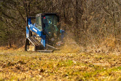 Blue compact track loader clearing brush and fallen leaves in a wooded forest area